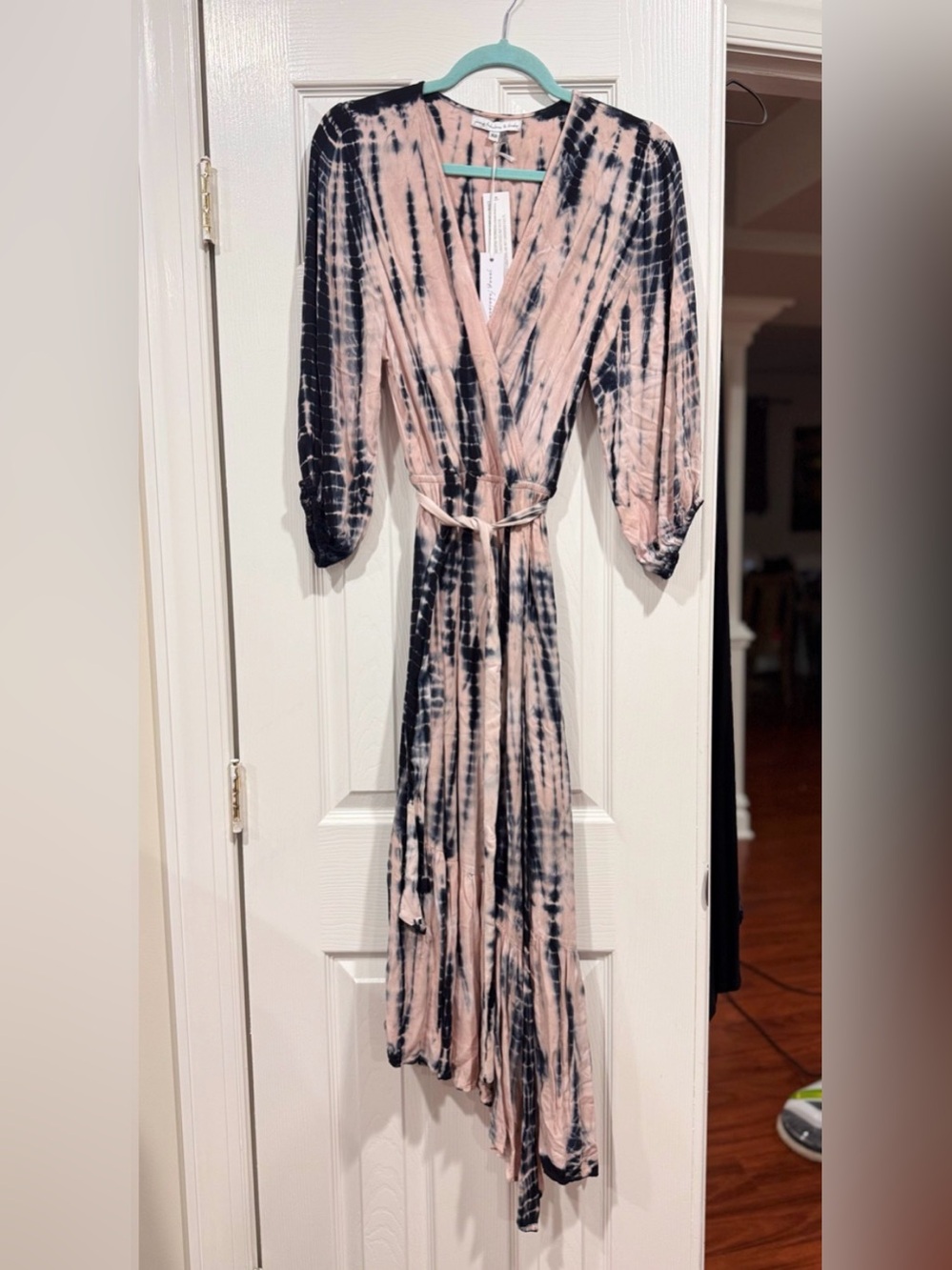 Young Fabulous & Broke Pink and Navy Tie-Dye Maxi Dress with Waist Tie